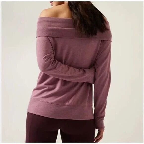 Athleta Sweatshirt Size XS Studio Barre Off Shoulder Purple Heathered Thumbhole - Picture 12 of 12